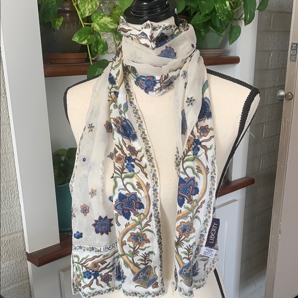 liberty Accessories - Liberty Stunning Floral Scarf Silk Blend Burnout Rectangle White Blue Tan EUC